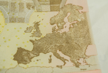Map of Europe on a fifty euro banknote, close up details. 