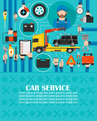 Car service online call flat design with wrecker car and mechanic.lorem ipsum is simply text.Vector illustration