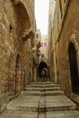 Old city hidden passageway, stone stairway and arch. Jewish Quarter, Jerusalem, Israel