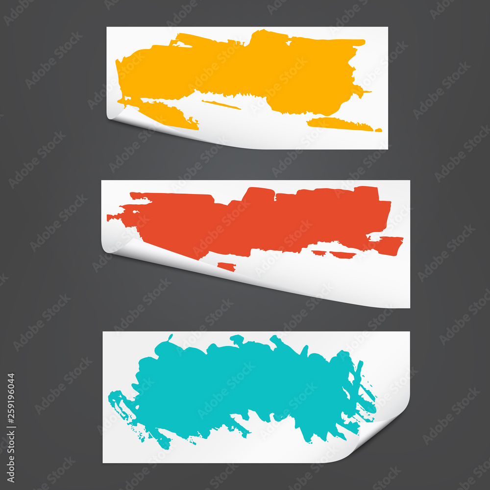 Poster white note notebook paper with folded corners and colorful stains on it. vector illustration and bla