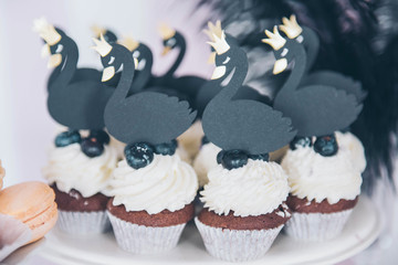 Tasty cupcakes on stand. Swan shaped topper for cupcakes. Ballerina children birthday party.  Catering buffet for events. 