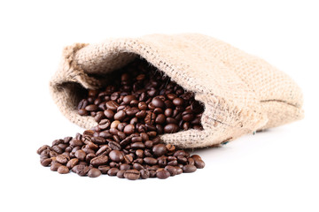 Coffee beans in sackcloth isolated on white background