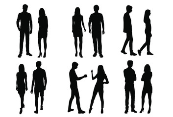 Vector silhouettes men and women standing and walking, different poses,  business,  people, group,  black color, isolated on white background