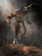 The Minotaur, half man half bull, stands on a rock in an aggressive stance, a monster of ancient Greek myth, emerges from the mists of legend and glares at you with a menacing look. 3D Rendering © Daniel Eskridge