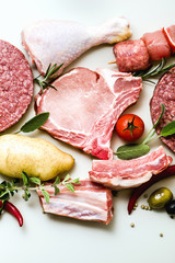 different types of raw meat: chicken thighs, pork and beef burgers, ribs and kebabs, turkey meatballs, ready to be cooked with potatoes, hot pepper, olives and black olives . Meat Food Background