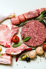 different types of raw meat: chicken thighs, pork and beef burgers, ribs and kebabs, turkey meatballs, ready to be cooked with potatoes, hot pepper, olives and black olives . Meat Food Background