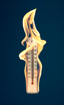 Thermometer with fire against blue background