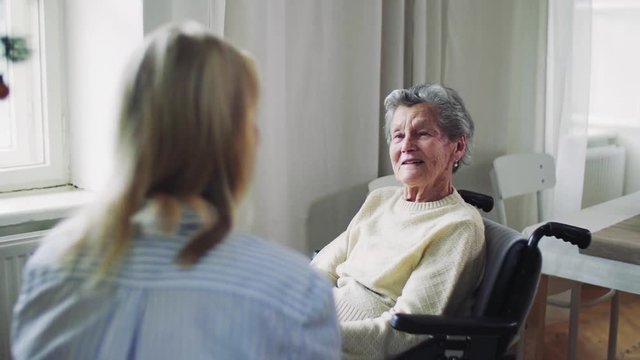 A senior woman in wheelchair with a health visitor at home at Christmas time.
