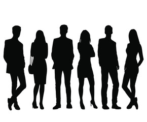 Set of vector silhouettes of  men and a women, a group of standing business people, black color isolated on white background