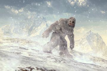 On a cold plain backed by jagged mountains a shaggy white beast trudges through the snow.  Covered in long white hair and walking upright, this is the yeti, the abominable snowman. 3D Rendering