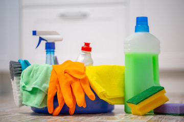 the Cleaning concept with supplies. spring cleaning