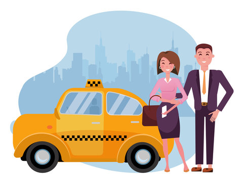 A business couple man in suit and an elegant woman are standing next to a taxi on background of silhouette of big city. Two passengers called taxi for business trips.Vector flat cartoon illustration