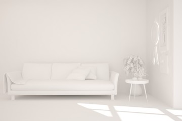 Stylish minimalist room with sofa in white color. Scandinavian interior design. 3D illustration