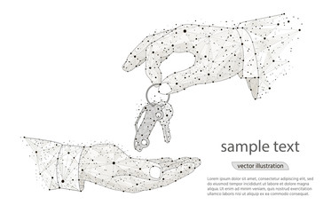 Car rental or sale concept. Car key with small car as key ring given from one hand to another.