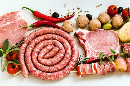 Homemade Italian sausage with other meats, ready to be cooked on the grill. Mediterranean recipes