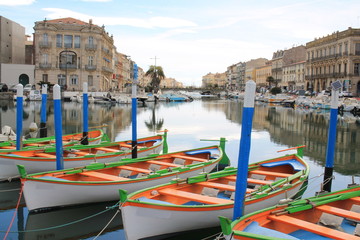 Fototapeta na wymiar Colorful traditional boats in Sete, a seaside resort and singular island in the Mediterranean sea, it is named the Venice of Languedoc Rousillon, France