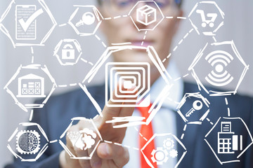 RFID Radio Frequency Identification concept. Modern Commerce Smart Shopping Wireless Micro Chip Technology.