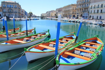 Colorful traditional boats in Sete, a seaside resort and singular island in the Mediterranean sea, it is named the Venice of Languedoc Rousillon, France