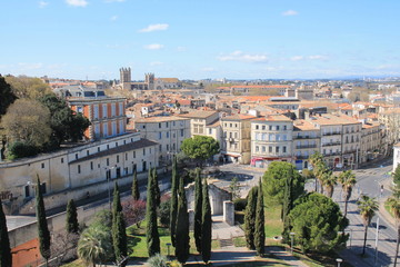 Fototapeta na wymiar Beautiful aerial view over the historic center and St. Peter's Cathedral in Montpellier, city in southern France and capital of the Herault department