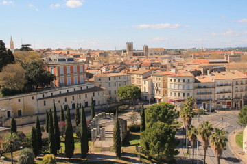 Fototapeta premium Beautiful aerial view over the historic center and St. Peter's Cathedral in Montpellier, city in southern France and capital of the Herault department