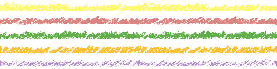 Crayon hand drawing multicolor seamless border or frame. Pastel chalk stroke design elements. Vector colorful artistic line pattern.
