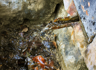 close up of a fountain where across a half pipe flows fresh spring water from a natural source. The water jet falls in a small black hole at the bottom of the fountain with many dry leaves.