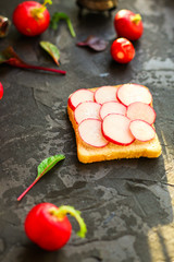 radish, sandwich vegetables and microgreen (snack). food background. top view
