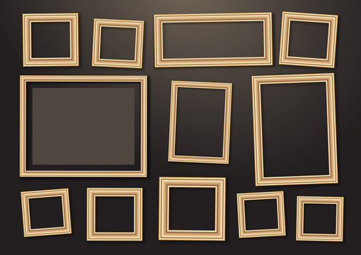 Set of empty hanging decorative photo frames with shadow effects. Different sizes. Dark background.