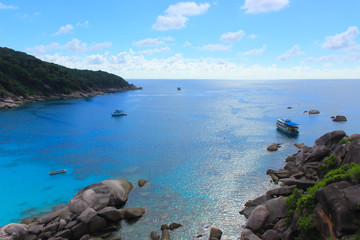 Viewpoint of Sailing Boat Rock of the Similan Island number 8, Thailand. Tropical paradise on Earth. Very beautiful seascape. Landmark and symbol of Similan islands.