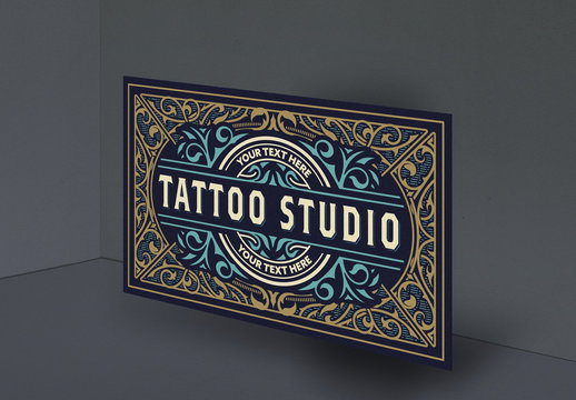 Vintage Tattoo Logo with Gold and Blue Elements