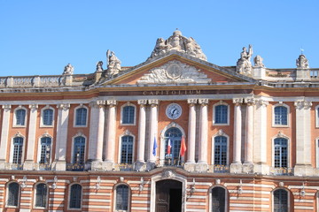The Capitole in Toulouse, the heart of the pink french city. It is an  imposing building and is both the town hall and the Capitole Theatre, France