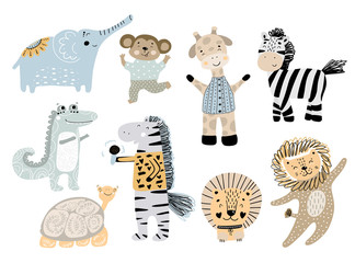 Big set of wild cartoon African animals. Cute handdrawn kids clip art collection. Vector illustration. - 259202660