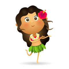 Dancing positive Hawaiian woman. Girl with flower in hair enjoying traditional Hawaiian dance. Can be used for topics like culture, party, traveling