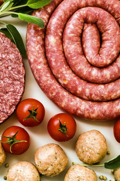 Homemade Italian sausage with other meats, ready to be cooked on the grill. Mediterranean recipes