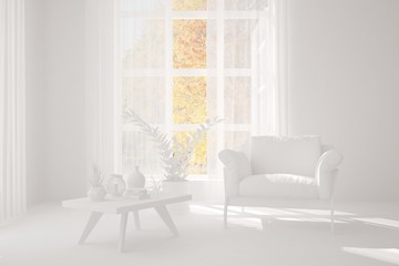 White stylish minimalist room with armchair and autumn landscape in window. Scandinavian interior design. 3D illustration
