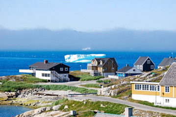 Icebergs floating past Nuuk Harbor in Summer - obrazy, fototapety, plakaty