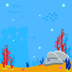 Fototapeta na wymiar Sea bottom cartoon Game vector illustration of rocks and seaweed on the sandy bottom. Bubbles water and silhouette fish, algae and coral. coral reef and underwater plants