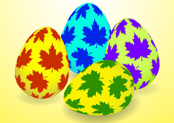 Bright colored Easter eggs on a yellow background. Spring holiday. Vector illustration for your design.