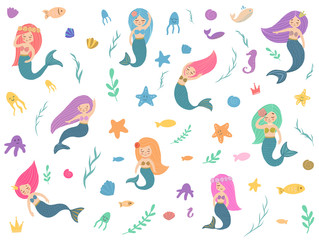 Bright cards with mermaids and marine world. Vector illustration. Template the sea elements.