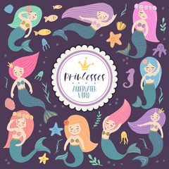 Obraz na płótnie Canvas Bright cards with mermaids and marine world. Vector illustration. Template the sea elements.