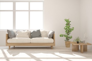 White stylish minimalist room with sofa. Scandinavian interior design. 3D illustration