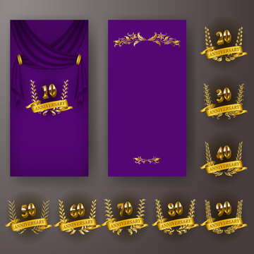 Set of anniversary card, invitation with laurel wreath, numbers. Decorative gold emblem of jubilee on purple background.