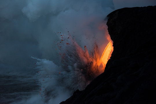 Lava entering into ocean from Kilauea volcano