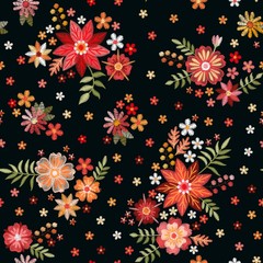 Embroidery seamless pattern with beautiful flowers. Floral ornament on black background. Fashion print for fabric and textile.