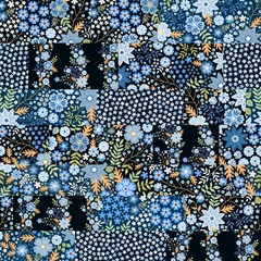 Seamless patchwork pattern from different fabrics with blue flowers. - obrazy, fototapety, plakaty