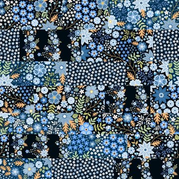 Seamless patchwork pattern from different fabrics with blue flowers.