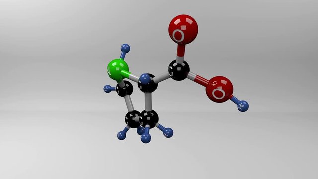 Proline molecule. Molecular structure of L-proline, non-essential amino acid constituent of many proteins and found in high concentrations in collagen.
