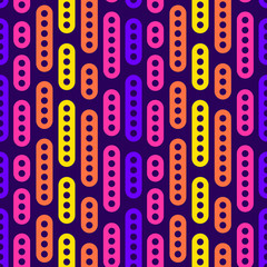 Abstract geometric vector seamless pattern. Simple neon light ornament on dark background. Can be printed and used as wrapping paper, wallpaper, textile, fabric, etc.