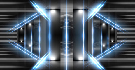 Obraz premium Background of empty room, corridor. Concrete columns, neon light. Smoke, reflection of lights