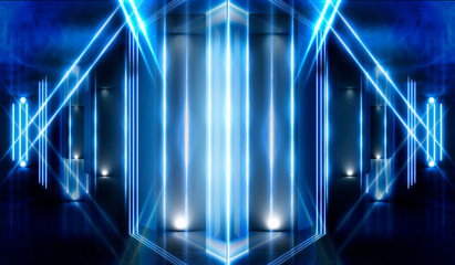 Background of empty room, corridor. Concrete columns, neon light. Smoke, reflection of lights © MiaStendal